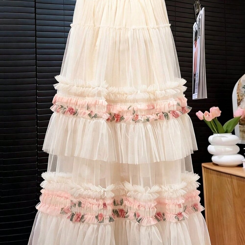 Pink Elegant Women's Tiered Long Skirt - Picture 2 of 4